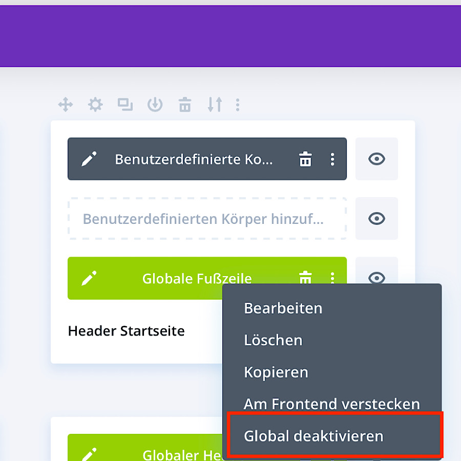 Die globale Funktion im Header in einer Divi Theme Builder Vorlage deaktivieren