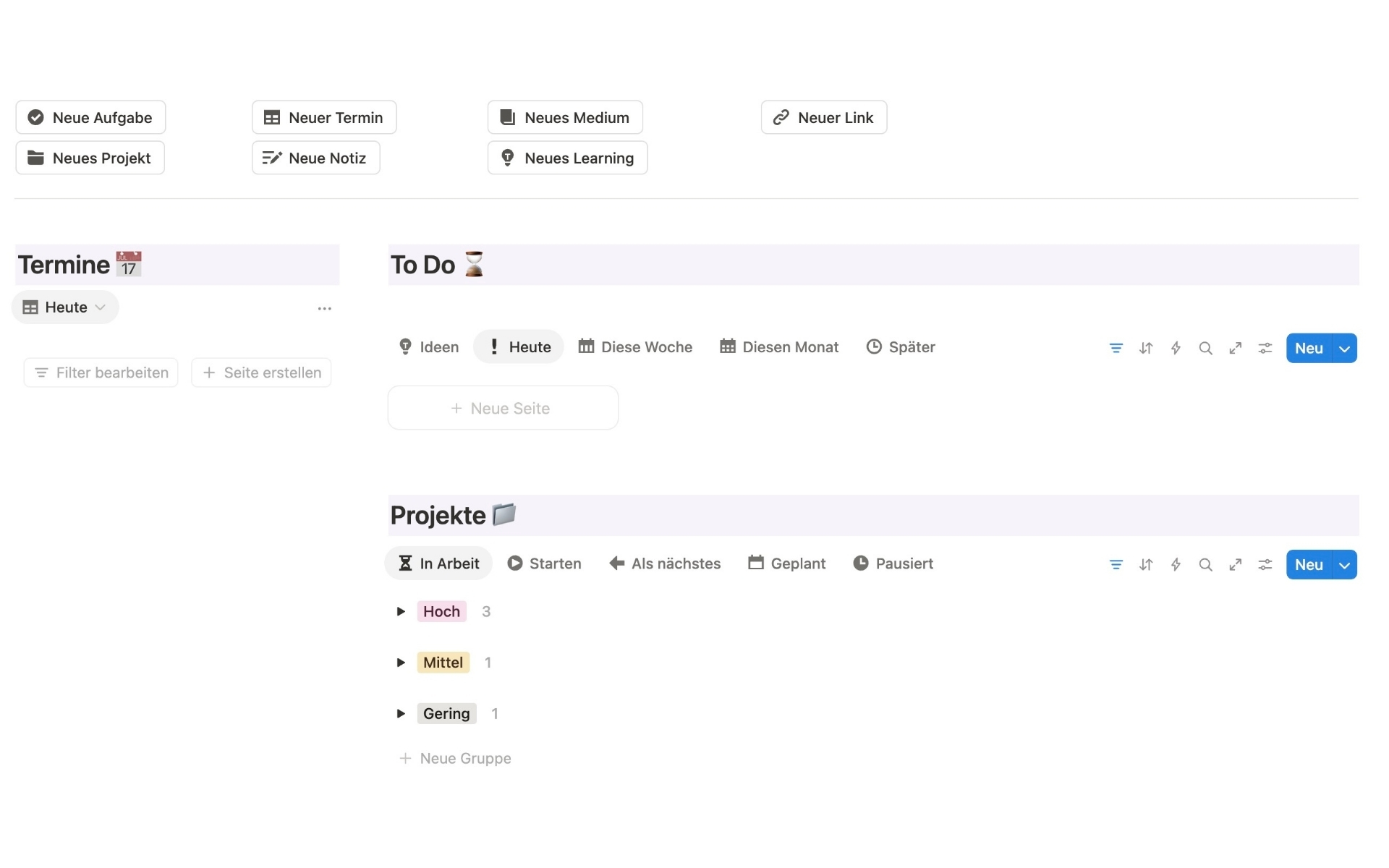 Ansicht eines Notion Dashboards