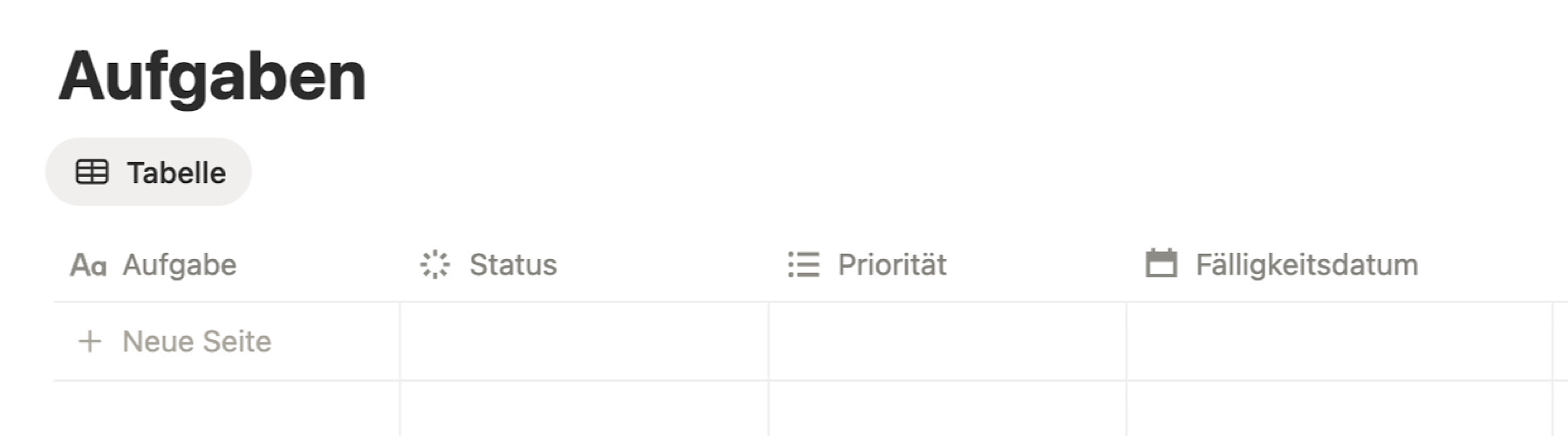 Notion Aufgaben-Datenbank mit vier Eigenschaften