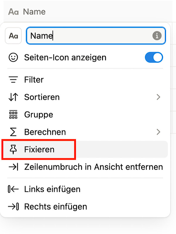 Eigenschaften in einer Notion Datenbank fixieren