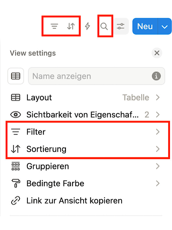 Die Filter-, Sortier- und Suchfunktion in einer Notion Datenbank