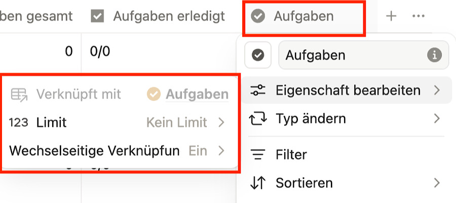 Die Verknüpfungs-Eigenschaft in einer Notion Datenbank