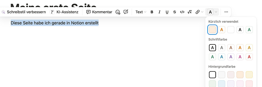 Notion Einstellungen für die Änderung von Farbe bei Text - Variante 1