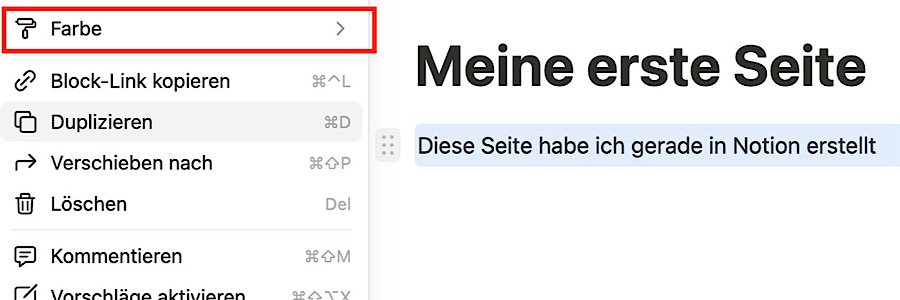 Notion Einstellungen für die Änderung von Farbe bei Text - Variante 2