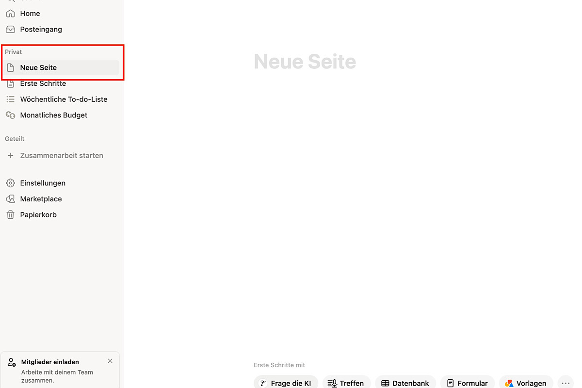 Eine neue leere Seite in Notion
