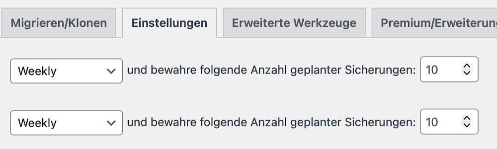 Einstellungen für wöchentliche Backups im WordPress Plugin Updraft Plus